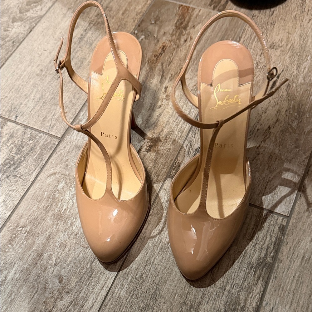 Christian Louboutin Beige Patent Leather T-Strap Heels